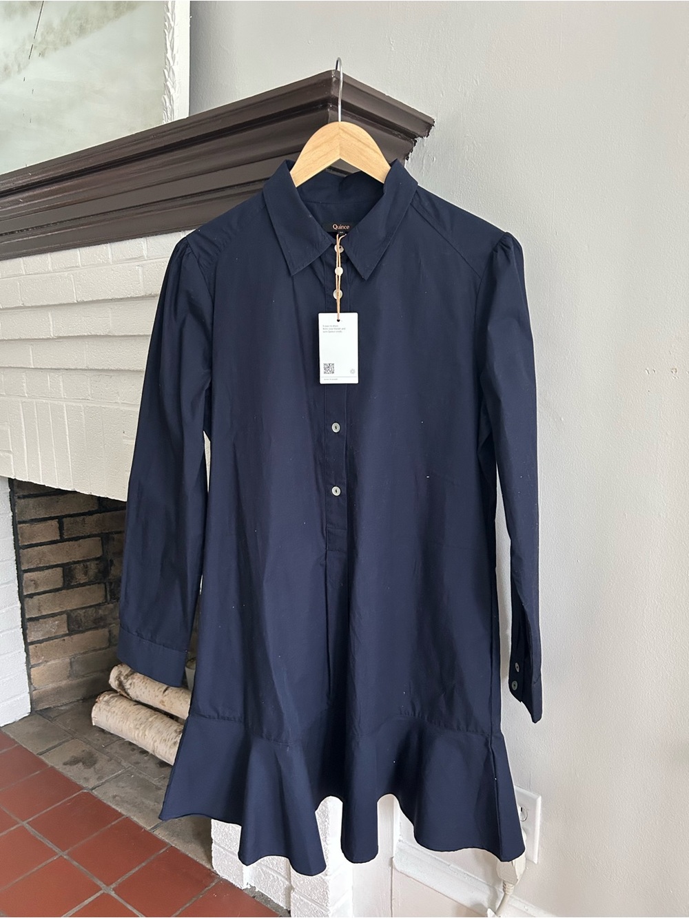 Quince Navy Long-Sleeve Organic Cotton Ruffle-Hem Shirt Dress Size M NEW